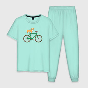 Мужская пижама хлопок с принтом Корги на велосипеде в Санкт-Петербурге, 100% хлопок | брюки и футболка прямого кроя, без карманов, на брюках мягкая резинка на поясе и по низу штанин
 | велосипед | корги | собака