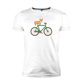 Мужская футболка премиум с принтом Корги на велосипеде в Санкт-Петербурге, 92% хлопок, 8% лайкра | приталенный силуэт, круглый вырез ворота, длина до линии бедра, короткий рукав | велосипед | корги | собака