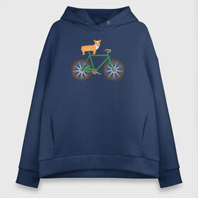 Женское худи Oversize хлопок с принтом Корги на велосипеде в Санкт-Петербурге, френч-терри — 70% хлопок, 30% полиэстер. Мягкий теплый начес внутри —100% хлопок | боковые карманы, эластичные манжеты и нижняя кромка, капюшон на магнитной кнопке | Тематика изображения на принте: велосипед | корги | собака