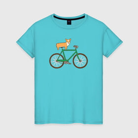 Женская футболка хлопок с принтом Корги на велосипеде в Санкт-Петербурге, 100% хлопок | прямой крой, круглый вырез горловины, длина до линии бедер, слегка спущенное плечо | велосипед | корги | собака