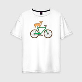 Женская футболка хлопок Oversize с принтом Корги на велосипеде в Санкт-Петербурге, 100% хлопок | свободный крой, круглый ворот, спущенный рукав, длина до линии бедер
 | Тематика изображения на принте: велосипед | корги | собака