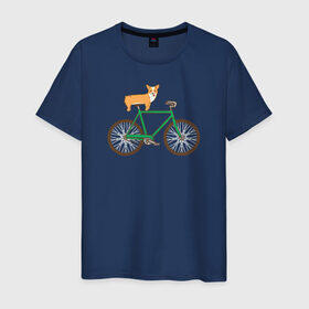 Мужская футболка хлопок с принтом Корги на велосипеде в Санкт-Петербурге, 100% хлопок | прямой крой, круглый вырез горловины, длина до линии бедер, слегка спущенное плечо. | велосипед | корги | собака