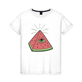 Женская футболка хлопок с принтом Арбуз в Санкт-Петербурге, 100% хлопок | прямой крой, круглый вырез горловины, длина до линии бедер, слегка спущенное плечо | арбуз | масоны | пирамида | фрукт | ягода