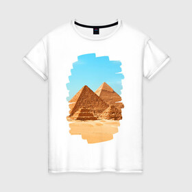 Женская футболка хлопок с принтом Египетские пирамиды в Санкт-Петербурге, 100% хлопок | прямой крой, круглый вырез горловины, длина до линии бедер, слегка спущенное плечо | Тематика изображения на принте: великие пирамиды | гиза | египет | каир | пустыня