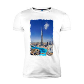 Мужская футболка премиум с принтом Бурдж-Халифа (Дубай) в Санкт-Петербурге, 92% хлопок, 8% лайкра | приталенный силуэт, круглый вырез ворота, длина до линии бедра, короткий рукав | Тематика изображения на принте: dubai | арабские эмираты | башня халифа | мегаполис