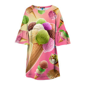 Детское платье 3D с принтом Мороженое в Санкт-Петербурге, 100% полиэстер | прямой силуэт, чуть расширенный к низу. Круглая горловина, на рукавах — воланы | cream | ice | icecream | вкусная | еда | мороженое | рожок
