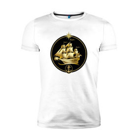 Мужская футболка премиум с принтом Золотой парусник в Санкт-Петербурге, 92% хлопок, 8% лайкра | приталенный силуэт, круглый вырез ворота, длина до линии бедра, короткий рукав | золото | золотой парусникморяк | корабль | море | парусник | якорь