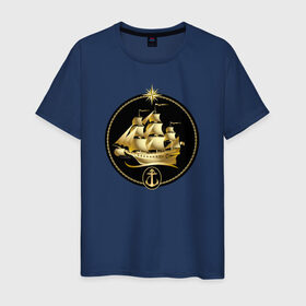 Мужская футболка хлопок с принтом Золотой парусник в Санкт-Петербурге, 100% хлопок | прямой крой, круглый вырез горловины, длина до линии бедер, слегка спущенное плечо. | золото | золотой парусникморяк | корабль | море | парусник | якорь