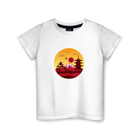 Детская футболка хлопок с принтом Японский пейзаж в Санкт-Петербурге, 100% хлопок | круглый вырез горловины, полуприлегающий силуэт, длина до линии бедер | горы | япония | японский пейзажпейзаж