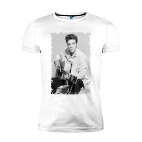 Мужская футболка премиум с принтом Элвис Пресли с гитарой в Санкт-Петербурге, 92% хлопок, 8% лайкра | приталенный силуэт, круглый вырез ворота, длина до линии бедра, короткий рукав | elvis presley | певец | рок н ролл | элвис пресли