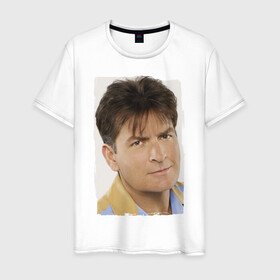 Мужская футболка хлопок с принтом Чарли Шин (Charlie Sheen) в Санкт-Петербурге, 100% хлопок | прямой крой, круглый вырез горловины, длина до линии бедер, слегка спущенное плечо. | charlie sheen | кинозвезда | ситком | чарли шин