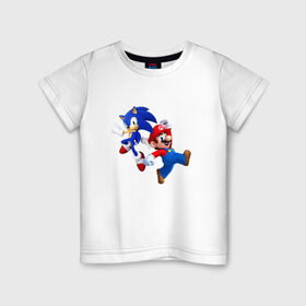 Детская футболка хлопок с принтом Sonic and Mario в Санкт-Петербурге, 100% хлопок | круглый вырез горловины, полуприлегающий силуэт, длина до линии бедер | nintendo | марио | нинтендо