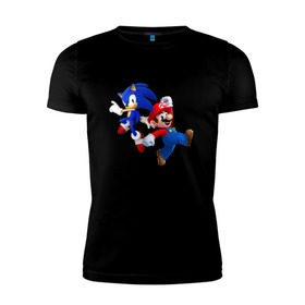 Мужская футболка премиум с принтом Sonic and Mario в Санкт-Петербурге, 92% хлопок, 8% лайкра | приталенный силуэт, круглый вырез ворота, длина до линии бедра, короткий рукав | nintendo | марио | нинтендо