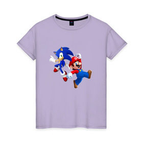 Женская футболка хлопок с принтом Sonic and Mario в Санкт-Петербурге, 100% хлопок | прямой крой, круглый вырез горловины, длина до линии бедер, слегка спущенное плечо | nintendo | марио | нинтендо