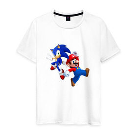 Мужская футболка хлопок с принтом Sonic and Mario в Санкт-Петербурге, 100% хлопок | прямой крой, круглый вырез горловины, длина до линии бедер, слегка спущенное плечо. | nintendo | марио | нинтендо