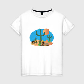 Женская футболка хлопок с принтом Мексиканский пейзаж в Санкт-Петербурге, 100% хлопок | прямой крой, круглый вырез горловины, длина до линии бедер, слегка спущенное плечо | кактус | мексика | мексиканский пейзажпейзаж