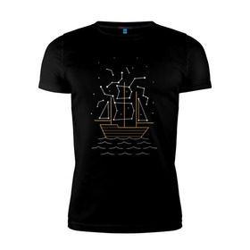 Мужская футболка премиум с принтом Звездный корабль в Санкт-Петербурге, 92% хлопок, 8% лайкра | приталенный силуэт, круглый вырез ворота, длина до линии бедра, короткий рукав | волны | звезды | корабль | море | паруса | созвездия