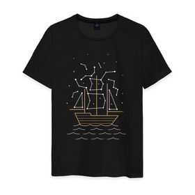 Мужская футболка хлопок с принтом Звездный корабль в Санкт-Петербурге, 100% хлопок | прямой крой, круглый вырез горловины, длина до линии бедер, слегка спущенное плечо. | волны | звезды | корабль | море | паруса | созвездия