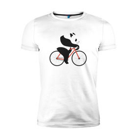 Мужская футболка премиум с принтом Панда на велосипеде в Санкт-Петербурге, 92% хлопок, 8% лайкра | приталенный силуэт, круглый вырез ворота, длина до линии бедра, короткий рукав | Тематика изображения на принте: панда