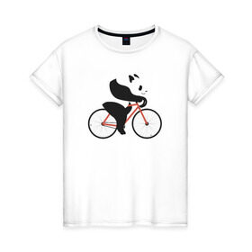 Женская футболка хлопок с принтом Панда на велосипеде в Санкт-Петербурге, 100% хлопок | прямой крой, круглый вырез горловины, длина до линии бедер, слегка спущенное плечо | Тематика изображения на принте: панда