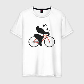Мужская футболка хлопок с принтом Панда на велосипеде в Санкт-Петербурге, 100% хлопок | прямой крой, круглый вырез горловины, длина до линии бедер, слегка спущенное плечо. | панда