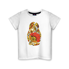 Детская футболка хлопок с принтом Матрёшка хохлома в Санкт-Петербурге, 100% хлопок | круглый вырез горловины, полуприлегающий силуэт, длина до линии бедер | Тематика изображения на принте: матрёшка | матрёшка хохломахохлома | орнамент | узор