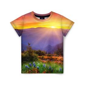 Детская футболка 3D с принтом Природа в Санкт-Петербурге, 100% гипоаллергенный полиэфир | прямой крой, круглый вырез горловины, длина до линии бедер, чуть спущенное плечо, ткань немного тянется | горы | закат | облака | пейзаж