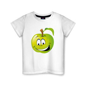 Детская футболка хлопок с принтом Яблоко в Санкт-Петербурге, 100% хлопок | круглый вырез горловины, полуприлегающий силуэт, длина до линии бедер | смайлик | улыбка | фрукты | яблоко | яблокосмайл