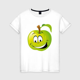 Женская футболка хлопок с принтом Яблоко в Санкт-Петербурге, 100% хлопок | прямой крой, круглый вырез горловины, длина до линии бедер, слегка спущенное плечо | смайлик | улыбка | фрукты | яблоко | яблокосмайл
