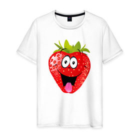 Мужская футболка хлопок с принтом Клубника в Санкт-Петербурге, 100% хлопок | прямой крой, круглый вырез горловины, длина до линии бедер, слегка спущенное плечо. | клубника | клубникасмайлик | смайл | улыбка | фрукты