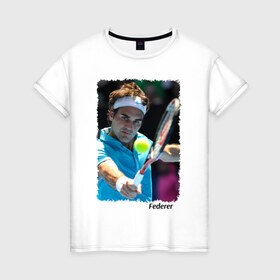 Женская футболка хлопок с принтом Роджер Федерер в Санкт-Петербурге, 100% хлопок | прямой крой, круглый вырез горловины, длина до линии бедер, слегка спущенное плечо | Тематика изображения на принте: roger federer | роджер федерер | теннис | чампион