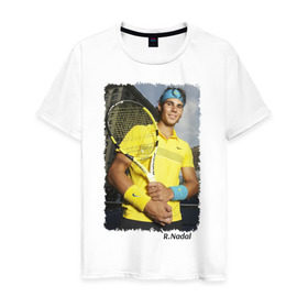 Мужская футболка хлопок с принтом Рафаэль Надаль в Санкт-Петербурге, 100% хлопок | прямой крой, круглый вырез горловины, длина до линии бедер, слегка спущенное плечо. | Тематика изображения на принте: rafael nadal | рафаэль надаль | теннис | чемпион