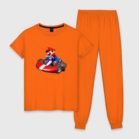 Женская пижама хлопок с принтом Mario Kart в Санкт-Петербурге, 100% хлопок | брюки и футболка прямого кроя, без карманов, на брюках мягкая резинка на поясе и по низу штанин | nintendo | карт | марио | нинтендо