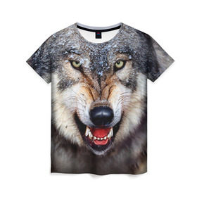 Женская футболка 3D с принтом Волк в Санкт-Петербурге, 100% полиэфир ( синтетическое хлопкоподобное полотно) | прямой крой, круглый вырез горловины, длина до линии бедер | волк | животные | злой волк | зубы | оскал