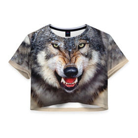 Женская футболка 3D укороченная с принтом Волк в Санкт-Петербурге, 100% полиэстер | круглая горловина, длина футболки до линии талии, рукава с отворотами | волк | животные | злой волк | зубы | оскал