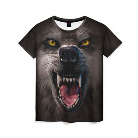 Женская футболка 3D с принтом Злой волк в Санкт-Петербурге, 100% полиэфир ( синтетическое хлопкоподобное полотно) | прямой крой, круглый вырез горловины, длина до линии бедер | волк | животные | злой волк | зубы | оскал