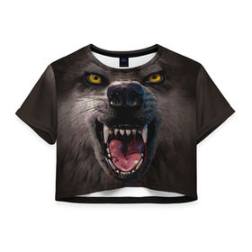 Женская футболка 3D укороченная с принтом Злой волк в Санкт-Петербурге, 100% полиэстер | круглая горловина, длина футболки до линии талии, рукава с отворотами | волк | животные | злой волк | зубы | оскал