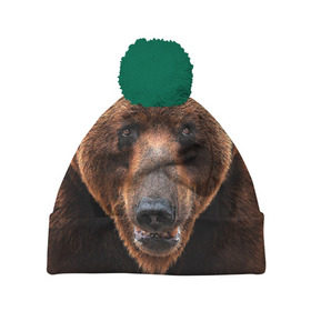 Шапка 3D c помпоном с принтом Медведь в Санкт-Петербурге, 100% полиэстер | универсальный размер, печать по всей поверхности изделия | Тематика изображения на принте: бурый | гризли | животные | медведь | мишка