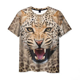 Мужская футболка 3D с принтом Леопард в Санкт-Петербурге, 100% полиэфир | прямой крой, круглый вырез горловины, длина до линии бедер | Тематика изображения на принте: животные | зубы | киса | киска | кошка | леопард | оскал