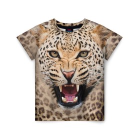Детская футболка 3D с принтом Леопард в Санкт-Петербурге, 100% гипоаллергенный полиэфир | прямой крой, круглый вырез горловины, длина до линии бедер, чуть спущенное плечо, ткань немного тянется | животные | зубы | киса | киска | кошка | леопард | оскал