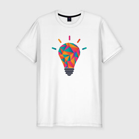 Мужская футболка премиум с принтом Лампочка в Санкт-Петербурге, 92% хлопок, 8% лайкра | приталенный силуэт, круглый вырез ворота, длина до линии бедра, короткий рукав | гениально | полигональная лампалампочка | умная мысль | я гений