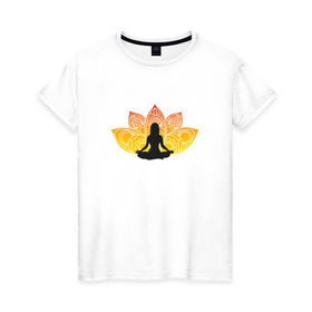 Женская футболка хлопок с принтом Йога в Санкт-Петербурге, 100% хлопок | прямой крой, круглый вырез горловины, длина до линии бедер, слегка спущенное плечо | йога | йогаумиротворение | спокойствие | фитнес