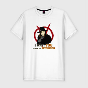 Мужская футболка премиум с принтом Vendetta в Санкт-Петербурге, 92% хлопок, 8% лайкра | приталенный силуэт, круглый вырез ворота, длина до линии бедра, короткий рукав | вендетта | кино | маска | революция | чтобы ты присоединился к революциианонимус | я хочу