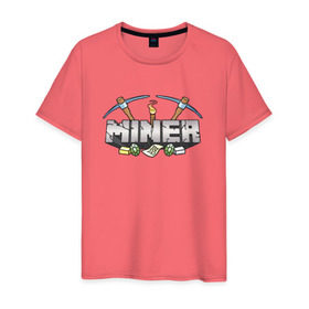 Мужская футболка хлопок с принтом Miner в Санкт-Петербурге, 100% хлопок | прямой крой, круглый вырез горловины, длина до линии бедер, слегка спущенное плечо. | grifer | miner | анти грифер | антигрифер | грифер | майнкрафт | минер