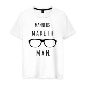 Мужская футболка хлопок с принтом Kingsman Manners maketh man. в Санкт-Петербурге, 100% хлопок | прямой крой, круглый вырез горловины, длина до линии бедер, слегка спущенное плечо. | Тематика изображения на принте: kingsman manners maketh man. кингсмен