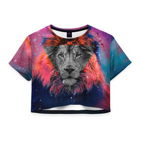 Женская футболка 3D укороченная с принтом Космический лев в Санкт-Петербурге, 100% полиэстер | круглая горловина, длина футболки до линии талии, рукава с отворотами | hipster | leon | style | космос | лев | хипстер | хипстеры