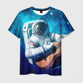 Мужская футболка 3D с принтом Космонавт с гитарой в Санкт-Петербурге, 100% полиэфир | прямой крой, круглый вырез горловины, длина до линии бедер | гитара