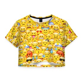 Женская футболка 3D укороченная с принтом Emoji в Санкт-Петербурге, 100% полиэстер | круглая горловина, длина футболки до линии талии, рукава с отворотами | emoji | смайлы | эмоджи