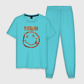 Мужская пижама хлопок с принтом Nirvana fire в Санкт-Петербурге, 100% хлопок | брюки и футболка прямого кроя, без карманов, на брюках мягкая резинка на поясе и по низу штанин
 | cobain | kurt | nirvana | кобейн | курт | нирвана | рок