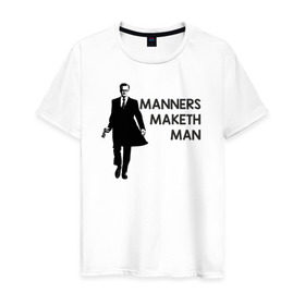 Мужская футболка хлопок с принтом Manners Maketh Man в Санкт-Петербурге, 100% хлопок | прямой крой, круглый вырез горловины, длина до линии бедер, слегка спущенное плечо. | Тематика изображения на принте: manners maketh man kingsman кингсман
